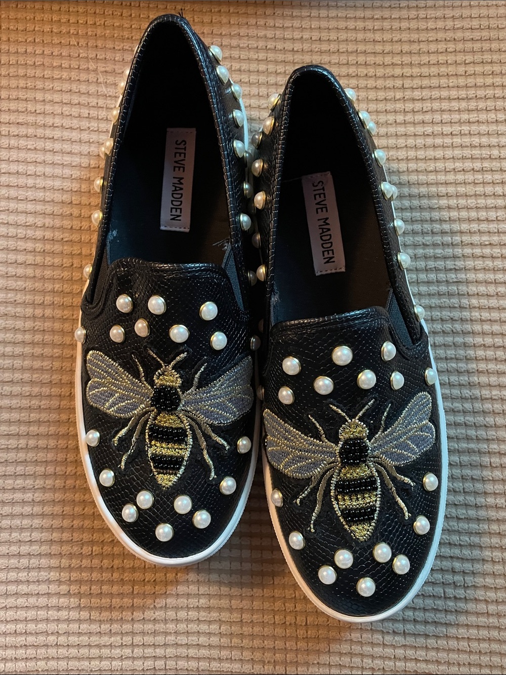 Steve Madden Black Slip-On Sneakers with Embroidered Bees & Pearl Studs